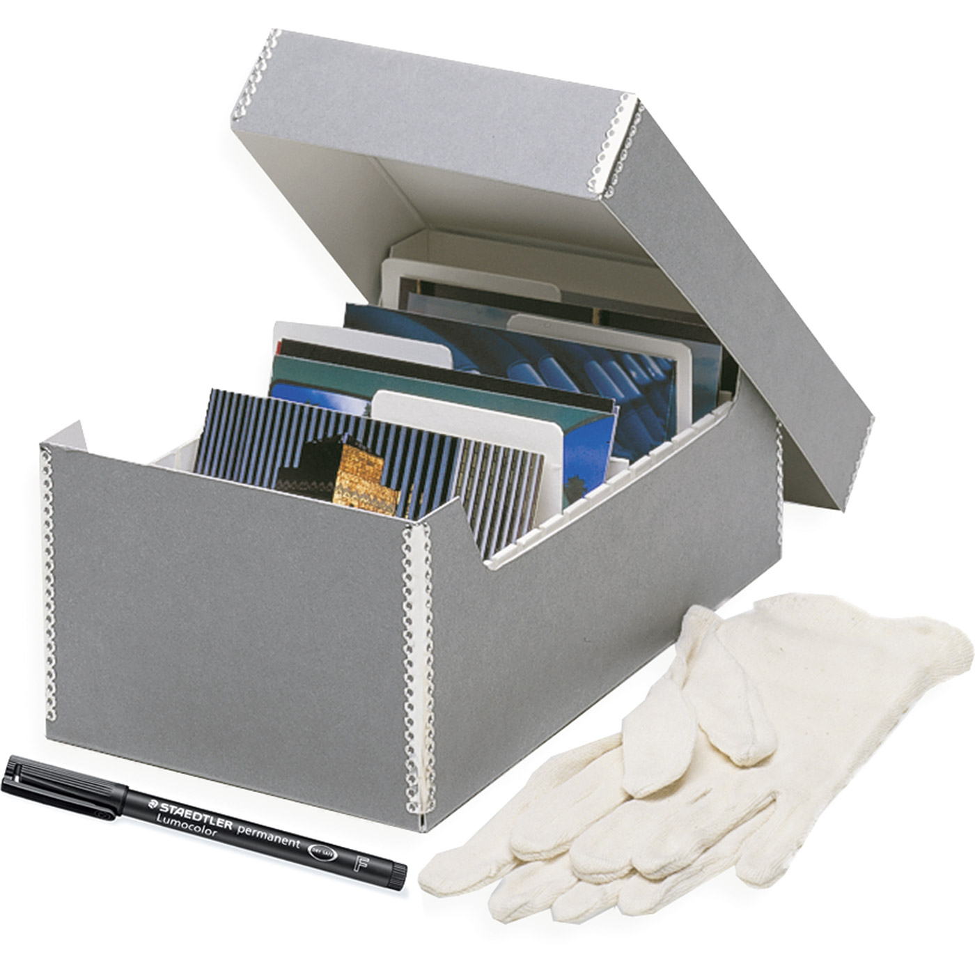 Positiv-Archiv-Set grau : Box, Handschuhe, Stift 13 x 18 cm